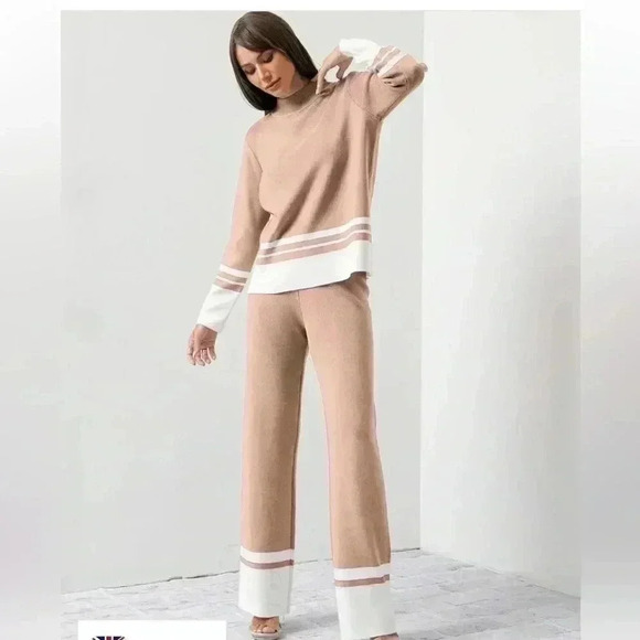 Polagram KNIT STRIPE LONG SLEEVE TOP AND PANTS SET tan cream wide leg oversized - Picture 1 of 10